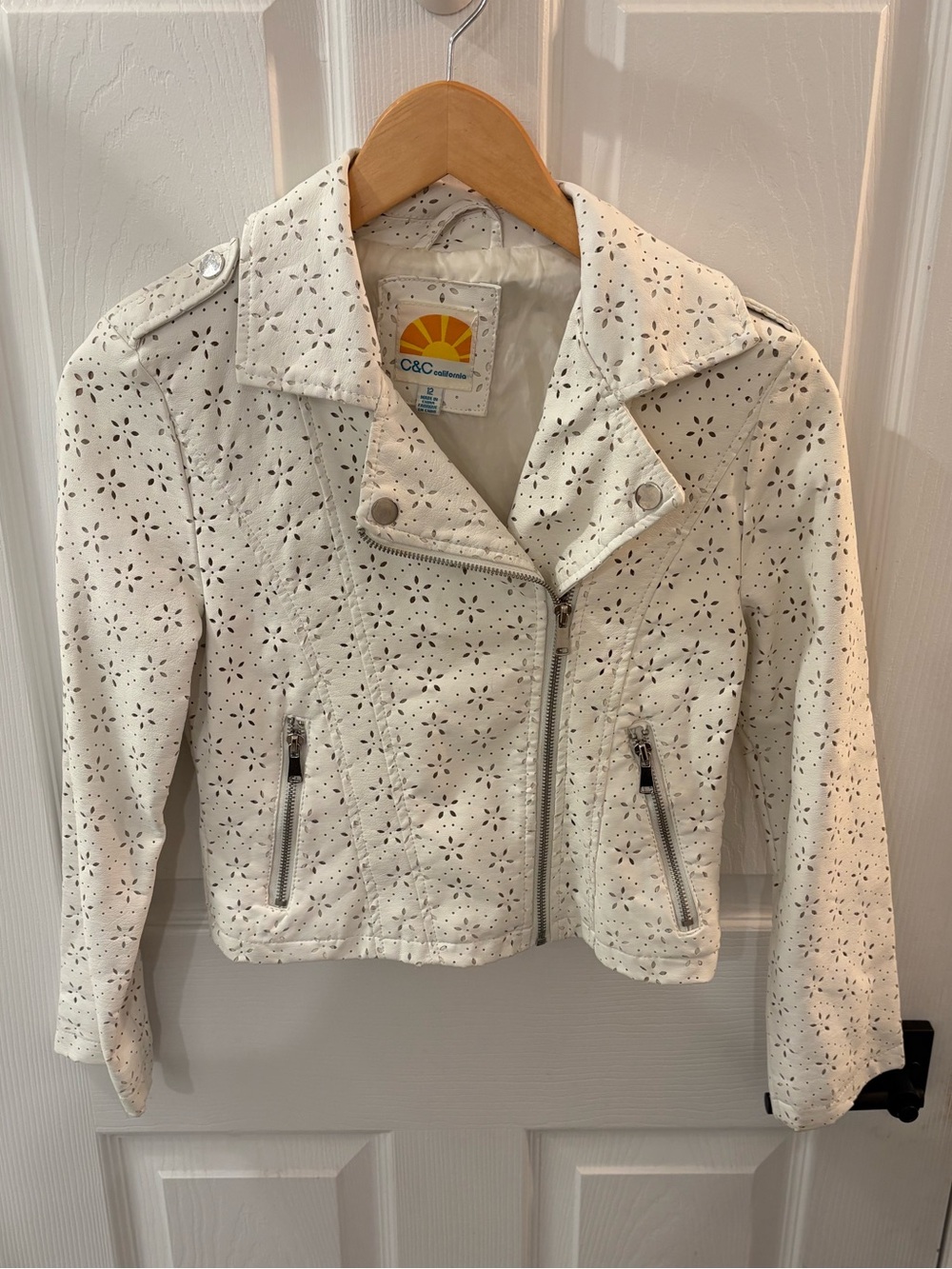 C&C California White Laser-Cut Eyelet Leather Moto Jacket